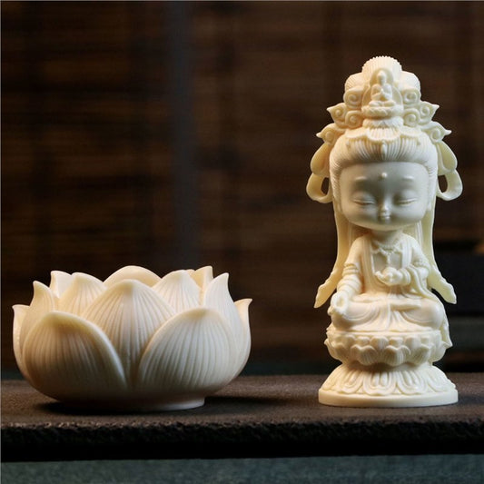 Mini Ivory Fruit Kwan Yin Avalokitesvara Lotus Wealth Desk Decoration