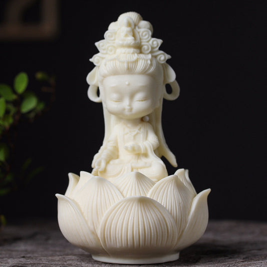 Mini Ivory Fruit Kwan Yin Avalokitesvara Lotus Wealth Desk Decoration