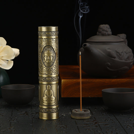 2-in-1 Portable Retro Embossed Buddha Incense Holder - Metal Tube for Stick Incense Home & On-the-Go